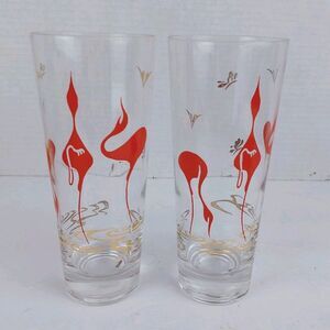 COLLINS 24K Gold Stylized 12oz Flamingo MCM Mod  6.75" Barware Glass Set Of 2